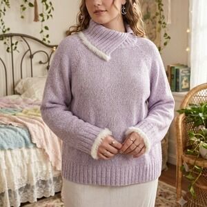 Y2K Fairycore‎ Cozy Dainty Faux Fur Trim Mock Neck Sweater Pastel Purple XL